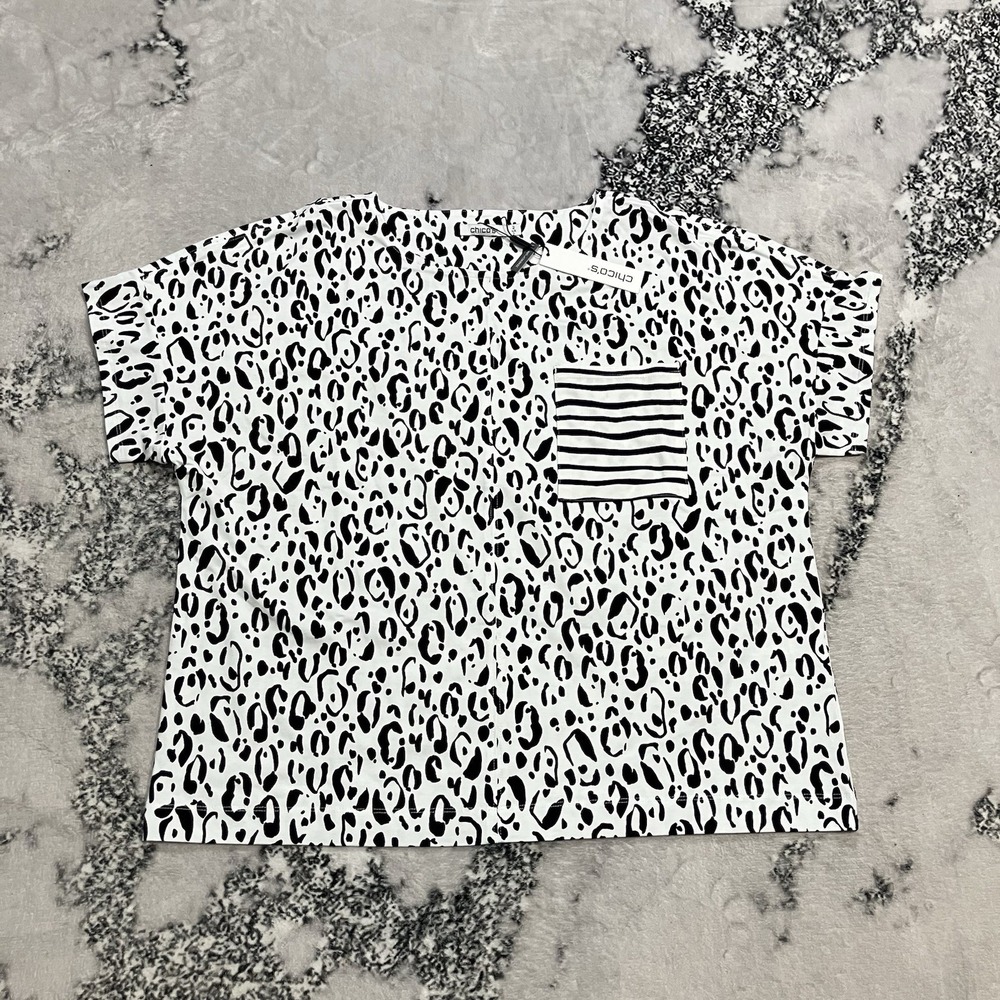Chicos Womens 2 Large NWT Black White Leopard Print Top Short Sleeve UPF Dolman